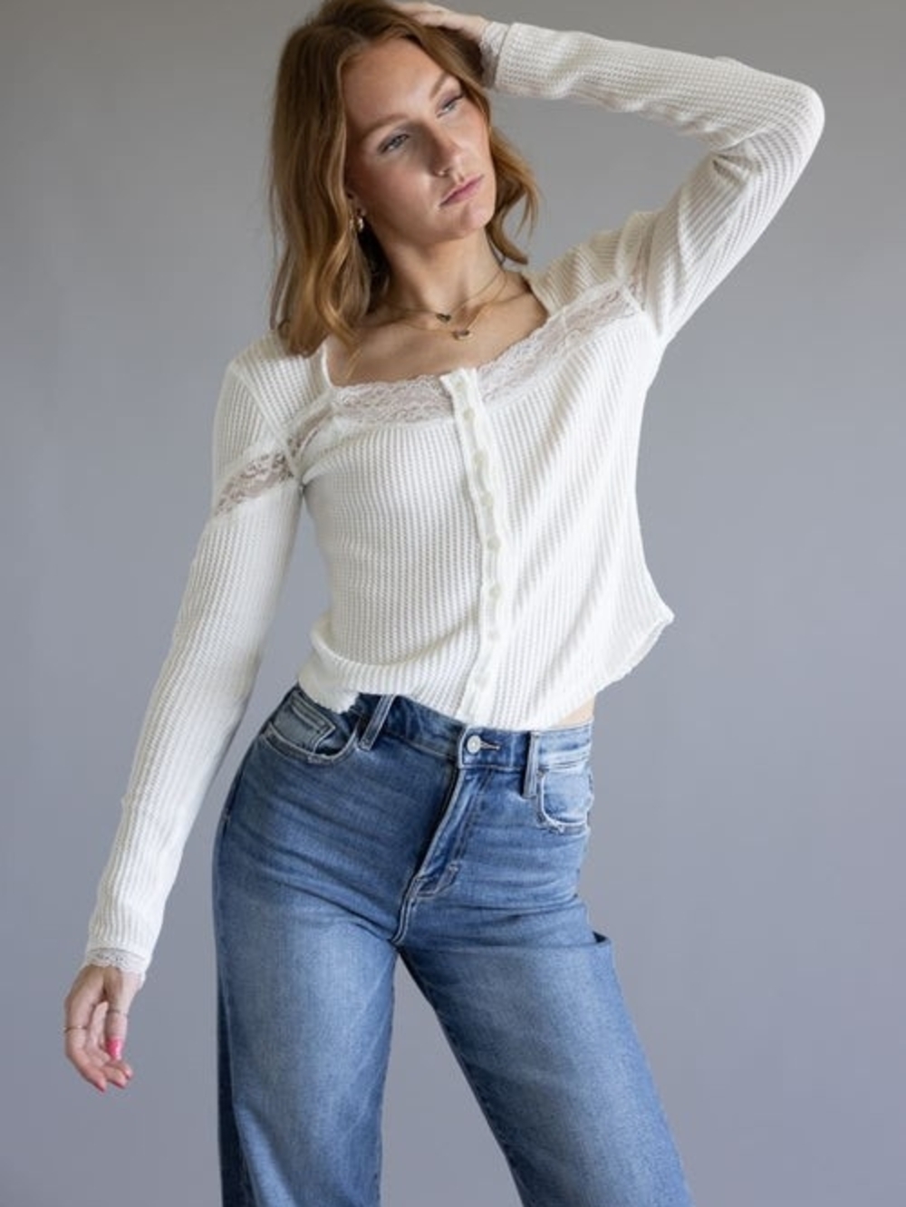 Free People Lets Pardy Cardi White Lace-Trim Thermal Button Womens Large - Picture 2 of 8
